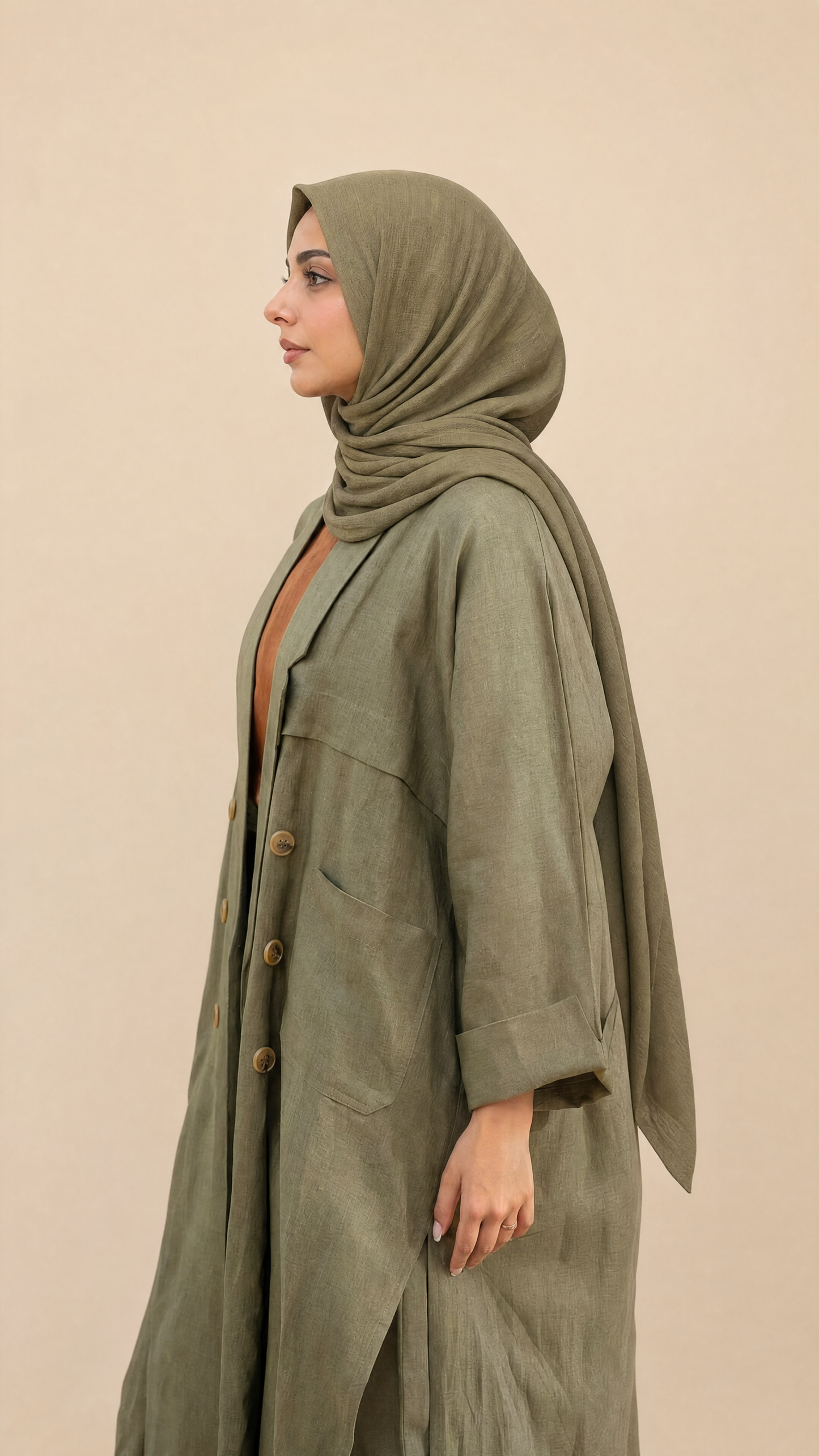 L'abaya Olive Whisper- Lin de qualité supérieure Olive