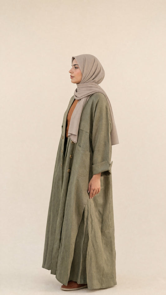 L'abaya Olive Whisper- Lin de qualité supérieure Olive