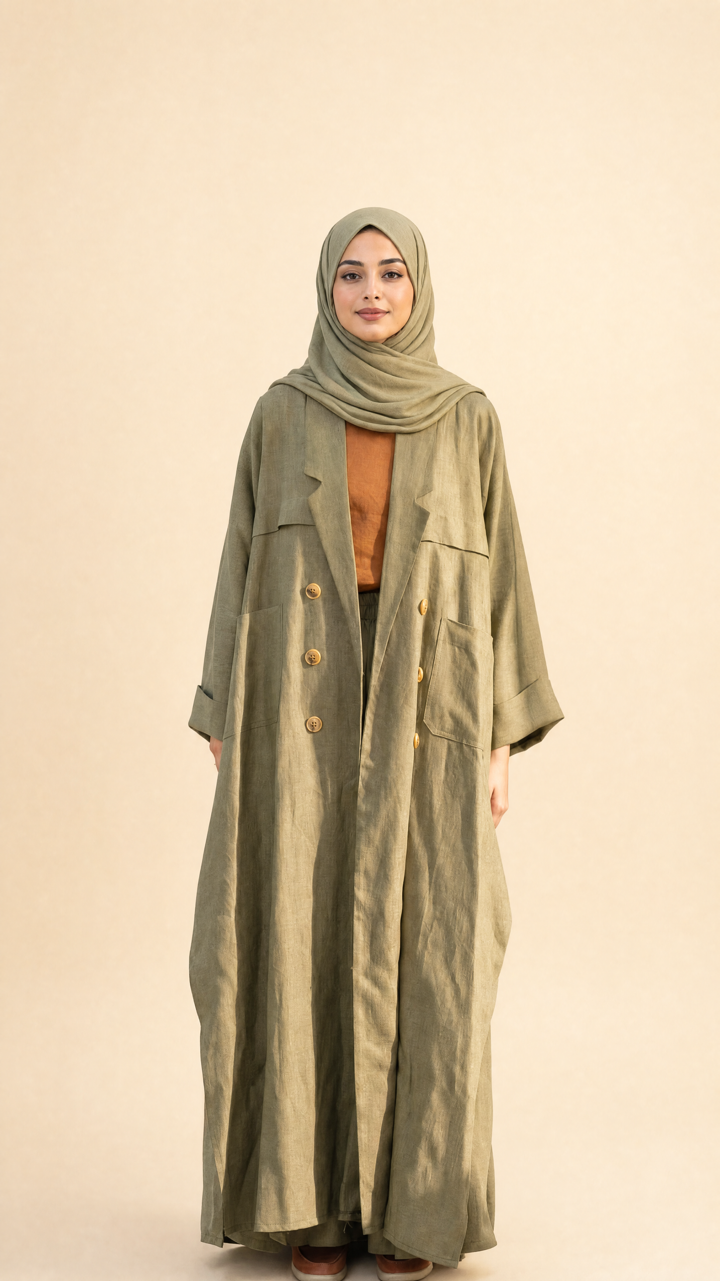 L'abaya Olive Whisper- Lin de qualité supérieure Olive